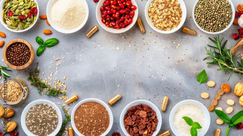 Array of superfoods in bowls on concrete background, perfect for healthy living with ample copyspace for text.