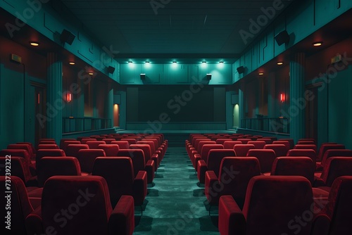 Empty cinema hall with red seats, atmospheric movie theater waiting for audience. modern interior design of cinema room. entertainment background. AI © Irina Ukrainets