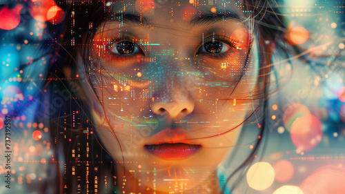A composite image of an asian young lady showcasing the various applications of facial recognition technology.