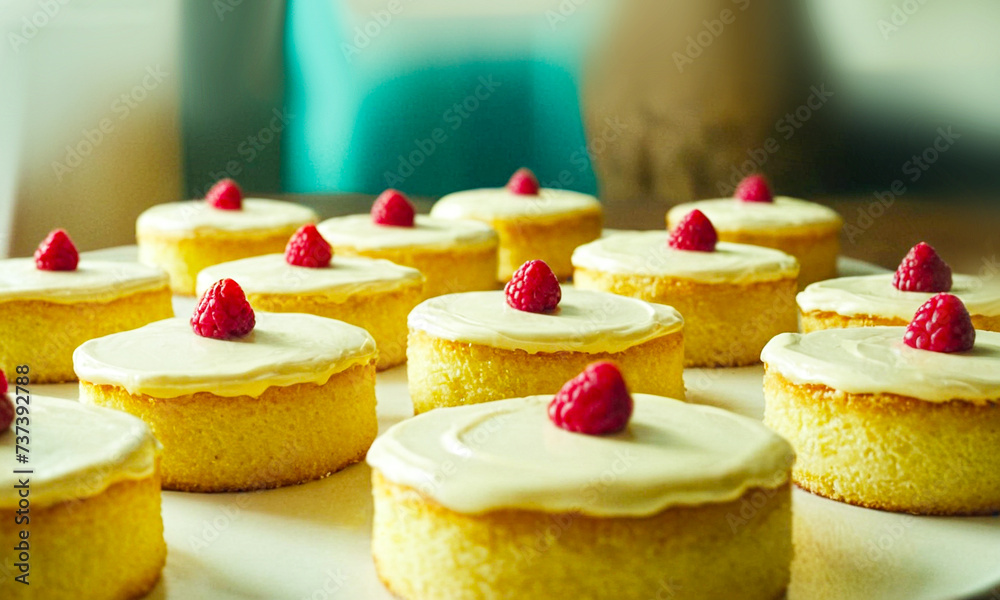 Colorful bright cream cakes with berries on top.
Colorful bright cream cakes with berries on top.