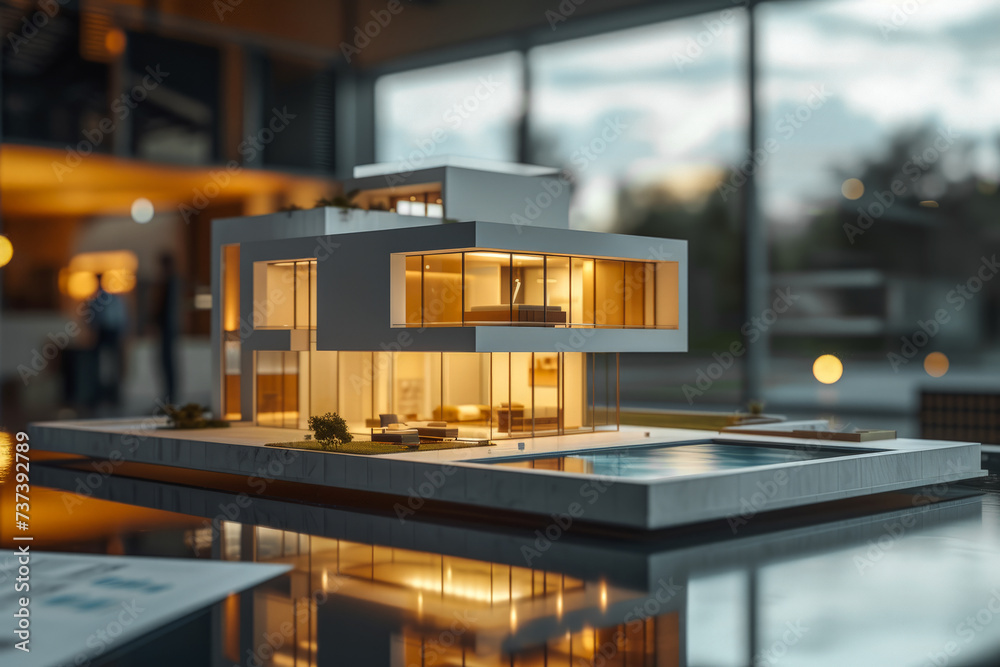 Model of a luxury house with a pool Model of a luxury house with a pool