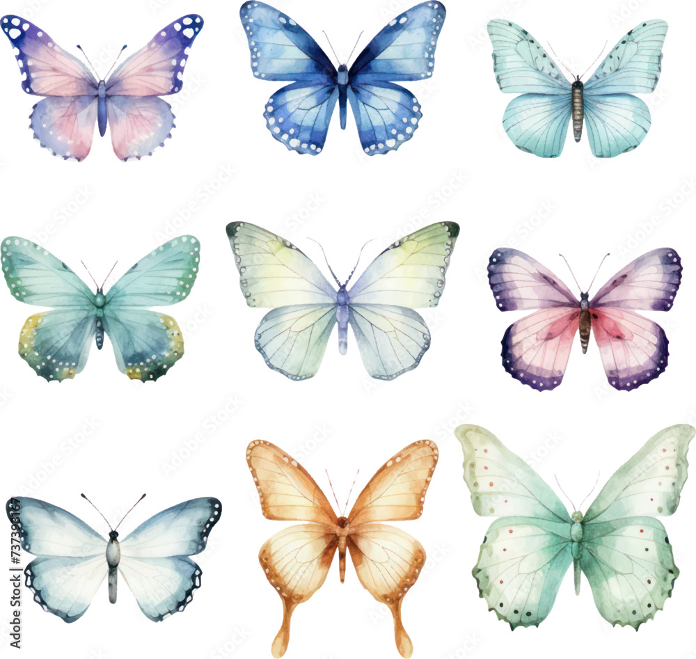 set of butterflies butterfly vector illustration. collection of vibrant watercolor butterflies ideal for postcards, designs, and invites. set of butterflies butterfly vector illustration. collection of vibrant watercolor butterflies ideal for postcards, designs, and invites.