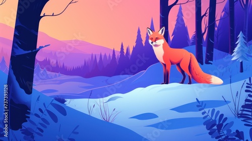 a red fox standing in the middle of a snow covered forest with a pink and blue sky in the background. photo