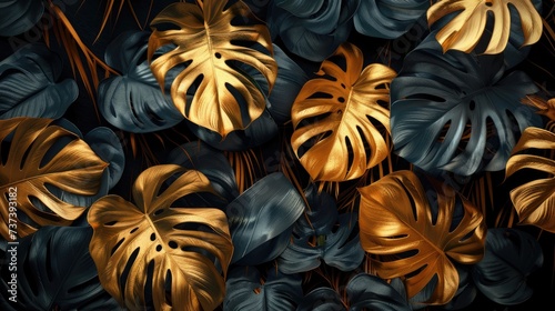 Fototapeta Naklejka Na Ścianę i Meble -  tropical leaves gold and black dark monstera palm graphic design creative nature background minimal summer abstract jungle forest pattern luxury exotic botanical design cosmetics, wedding