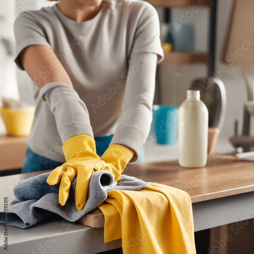 A woman in protective gloves is wiping dust using a spray and a duster in her kitchen

