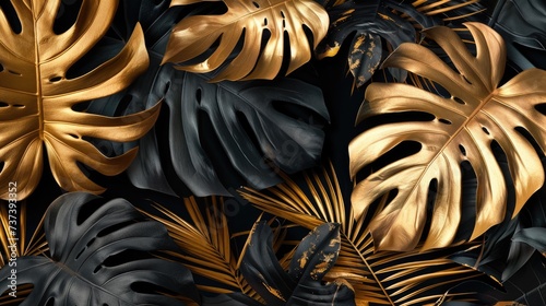 tropical leaves gold and black dark monstera palm graphic design creative nature background minimal summer abstract jungle forest pattern luxury exotic botanical design cosmetics, wedding photo