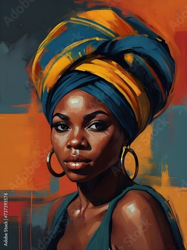 Colorful artistic portrait of a black woman wearing a modern turban. Abstract painting. African culture. Generative AI