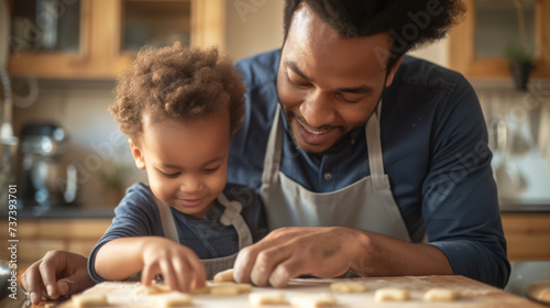 A parent and child in aprons are focused on shaping dough on a kitchen countertop, enjoying a baking activity together.