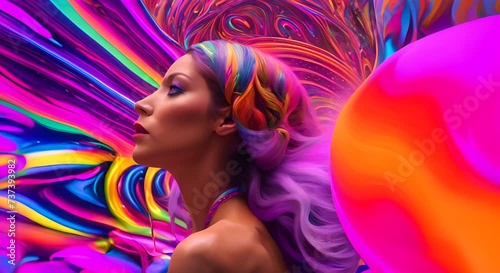 immagine surreale e colorata di donna sotto effetti allucinogeni, sfondo che si muove dai colori accesi dell'arcobaleno, immagine surreale , capelli multicolore dal viola diventano arcobaleno ,  photo