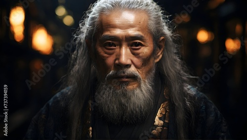 wise old japanese man from tokyo with a long white beard, intricate, sharp focus, fantasy, cinematic lighting, other worldy, surreal 8k photo, dark moody aesthetic