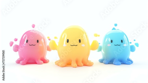 A delightful 3D illustration featuring a collection of cute elemental creatures, each representing a different element, set against a clean white background. These whimsical characters are p