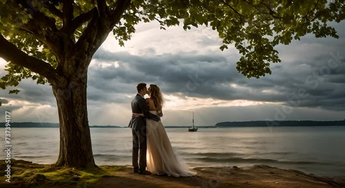 coppia di sposi che si bacia sotto un albero che protegge da un temporale in arrivo sul lago mosso, nuvole nere,  photo