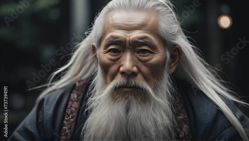 wise old japanese man from tokyo with a long white beard, intricate, sharp focus, fantasy, cinematic lighting, other worldy, surreal 8k photo, dark moody aesthetic