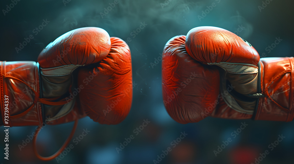 Two male hands in boxing gloves. Sports confrontation.Glove Touch Sportsmanship: Document the moment of sportsmanship as two boxers touch gloves at the start of a match, showing respect for each other - obrazy, fototapety, plakaty 