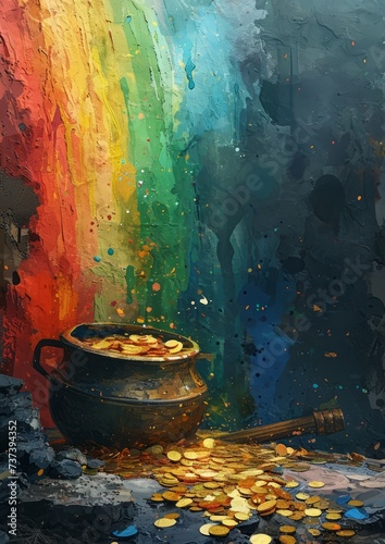 Greeting card illustration of Leprechaun's Pot of Gold at the End of a Rainbow. St. Patrick's Day Cards & Greetings.