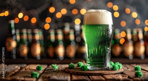 Glass of green beer on wooden table against blurred bar counter with green hop leaves in the style of mixes realistic and fantastical elements. St. Patrick's Day concept