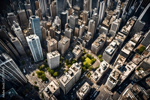 : A dynamic aerial view of a bustling cityscape, with towering skyscrapers reaching towards the sky and ribbons of traffic flowing through the streets below