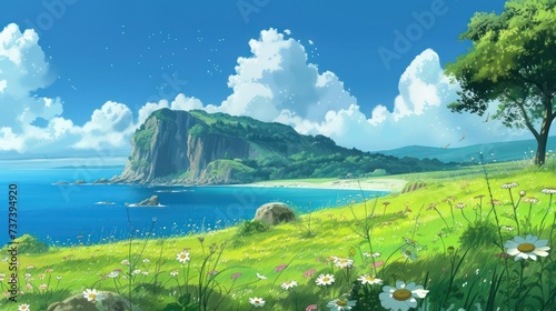 Calm summer scene in anime style, featuring gentle ocean waves, lush green meadows, and majestic cliffs.