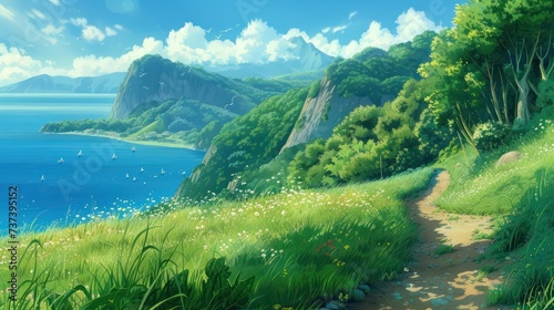 Calm summer scene in anime style, featuring gentle ocean waves, lush green meadows, and majestic cliffs. photo