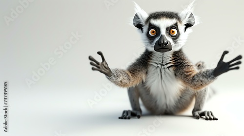 A delightful 3D rendering of a cute lemur sitting on a pristine white background. Its large round eyes and fluffy fur make it irresistibly adorable.
