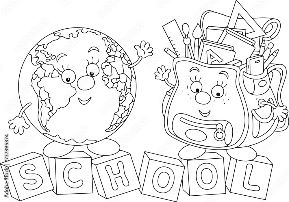 Cartoony characters Schoolbag and Globe friendly smiling and waving in greeting before start of classes in grade school, black and white outline vector illustration for a coloring book