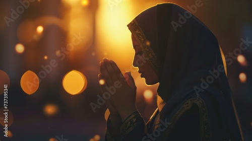 Muslim woman in hijab praying to Allah, suitable for background or banner with Ramadan theme