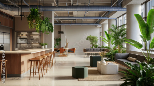 modern office meeting room with a large wooden table, green chairs, and a green living wall, surrounded by glass partitions and adjacent office spaces.