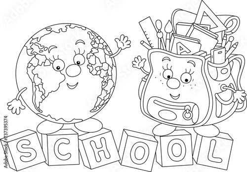Cartoony characters Schoolbag and Globe friendly smiling and waving in greeting before start of classes in grade school  black and white outline vector illustration for a coloring book
