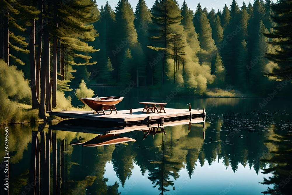 : A tranquil lakeside retreat surrounded by towering pine trees, with a ...