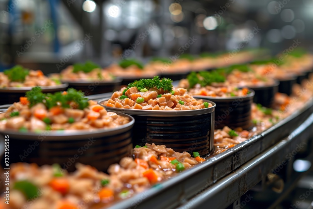 Production of canned fish. Tin cans of fish on the conveyor