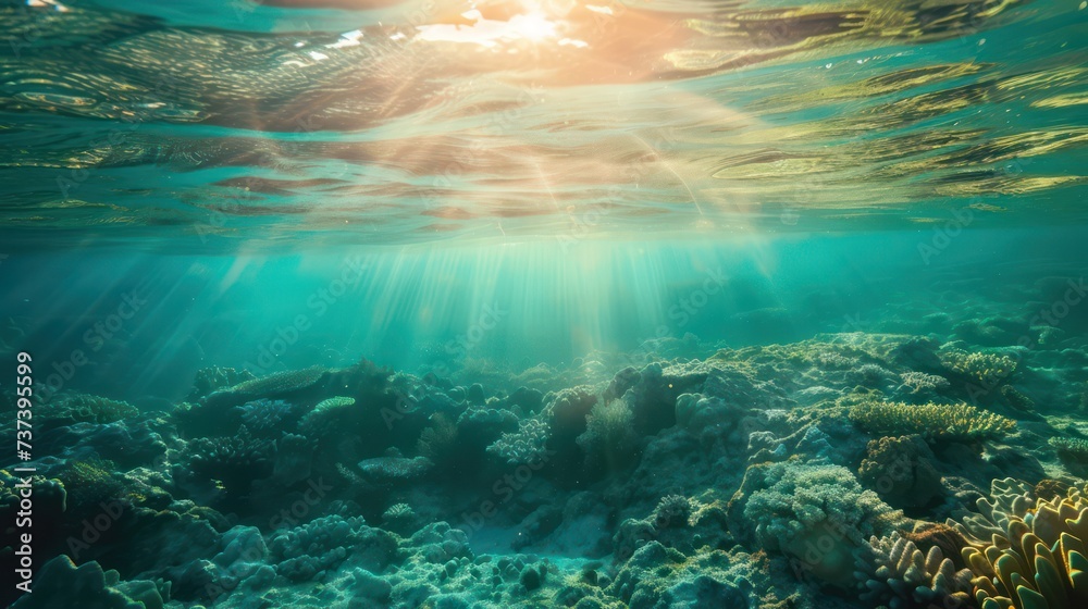 An ocean scene with beautiful coral formations illuminated by the light filtering through the blue-green water - obrazy, fototapety, plakaty 
