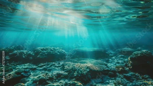 An ocean scene with beautiful coral formations illuminated by the light filtering through the blue-green water