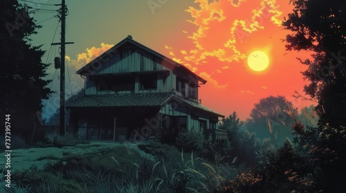traditional Japanese house in a modern anime, its front façade highlighted against the setting sun