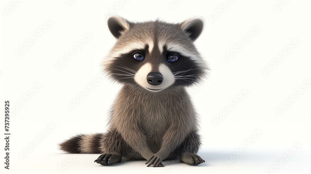 Adorable 3D raccoon character isolated on a crisp white background. Perfect for adding a touch of charm and playfulness to any design project.