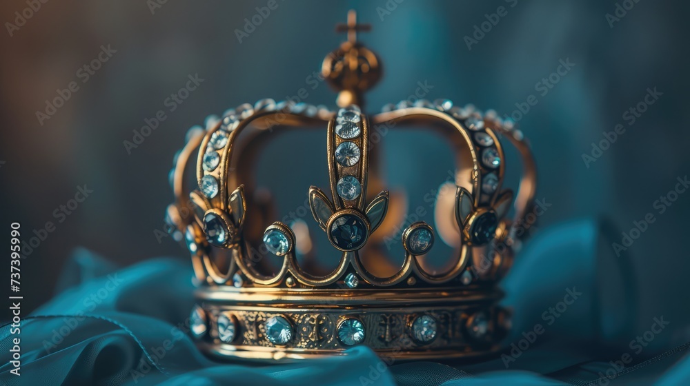 Photo of a golden crown with blue gem stones. AI generated.