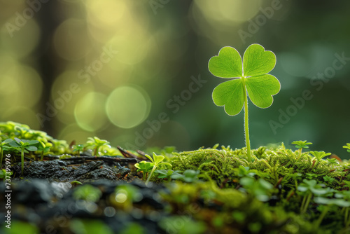 Clover four leaf grows on top of a flowering tree moss in St.Patrick Day at morning in style of mystic symbolism, scoutcore, absinthe culture, bokeh panorama, patience of saint photo