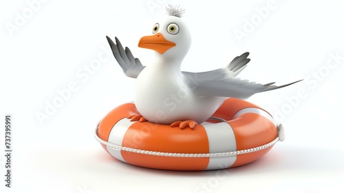 A delightful 3D render of an adorable seagull dedicatedly serving as a lifeguard, ready to rescue anyone in distress. This charming image showcases the seagull's vibrant colors and joyful ex photo