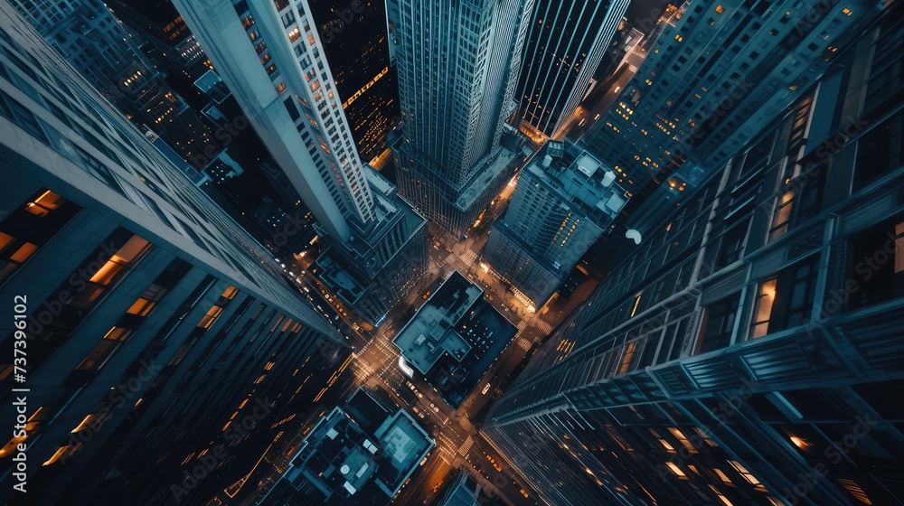 Top-down view of tall skyscrapers. Perspective view. AI generated. Top-down view of tall skyscrapers. Perspective view. AI generated.