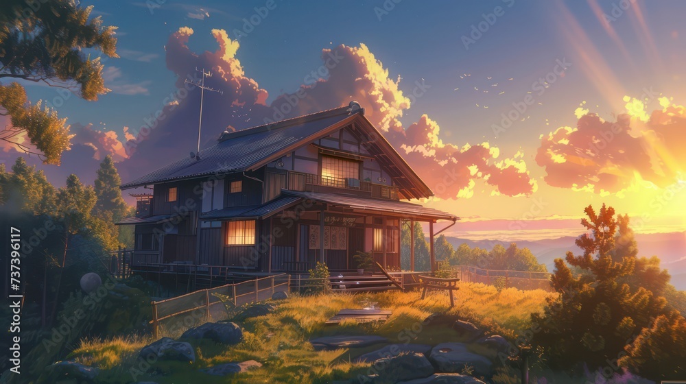 Fototapeta premium In this modern anime, a traditional Japanese house is portrayed from the front against the backdrop of a sunset.