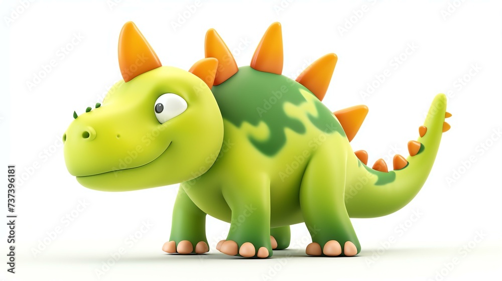 Adorable 3D stegosaurus with vibrant colors and a friendly expression, standing proudly on a crisp white background. Perfect for children's books, educational materials, and dinosaur enthusi