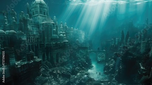 Underwater ancient civilization ruins. AI generated.