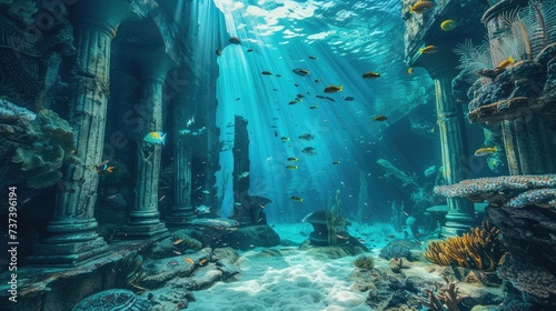 Underwater abandoned civilization ruins. AI generated.