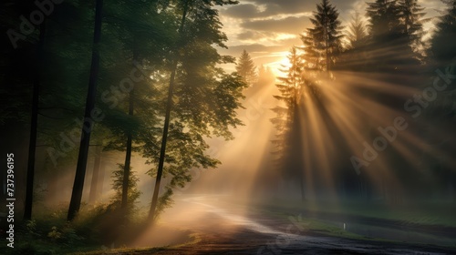 Foggy forest with sun rays. AI generated.