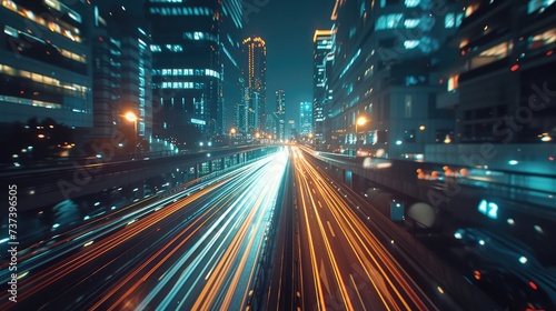 Light trails in the modern night city. AI generated.
