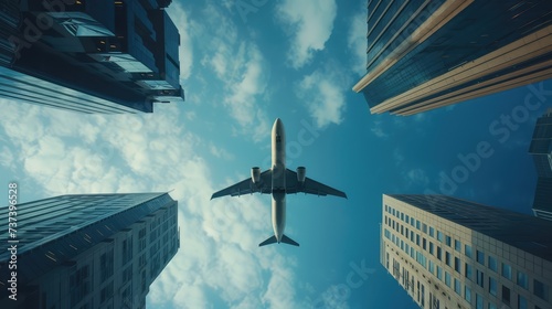 Airplane flight over skyscrapers. View from below. AI generated. photo