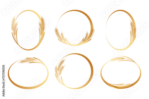 Set of round abstract golden icons of ears of wheat. Logo, icon, template, decor element, vector photo