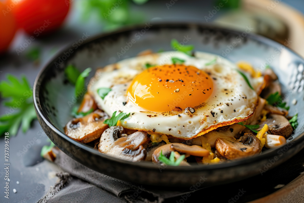 Frying pan with fried mushrooms and egg Frying pan with fried mushrooms and egg
