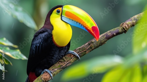 a toucan sitting on a tree branch with a colorful toucan on it's back end.