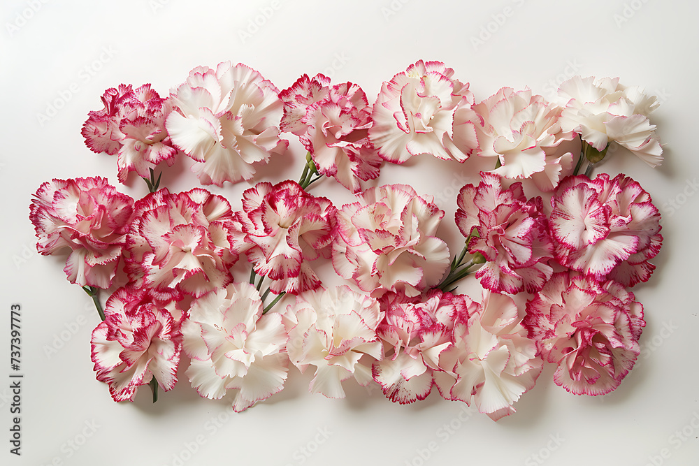 pink and white carnations arranged round on a white b pink and white carnations arranged round on a white b