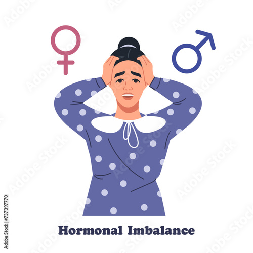 Vector illustration of a young woman suffering from hormonal imbalance. The girl is standing and holding her head with her hands. Symbols of a woman and a man. The concept of medicine and healthcare